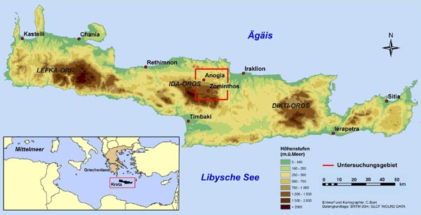 Abbildung: Topographische Karte Kretas mit Untersuchungsgebiet