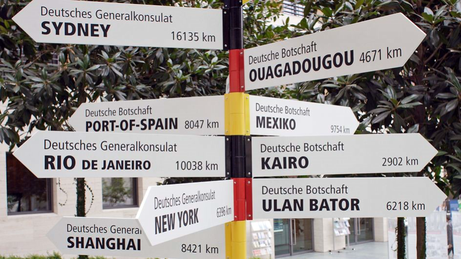 Wegweiser mit 9 beschrifteten Pfeilen zu sehr weit entfernten (mehr als 2000 KM) Städten.